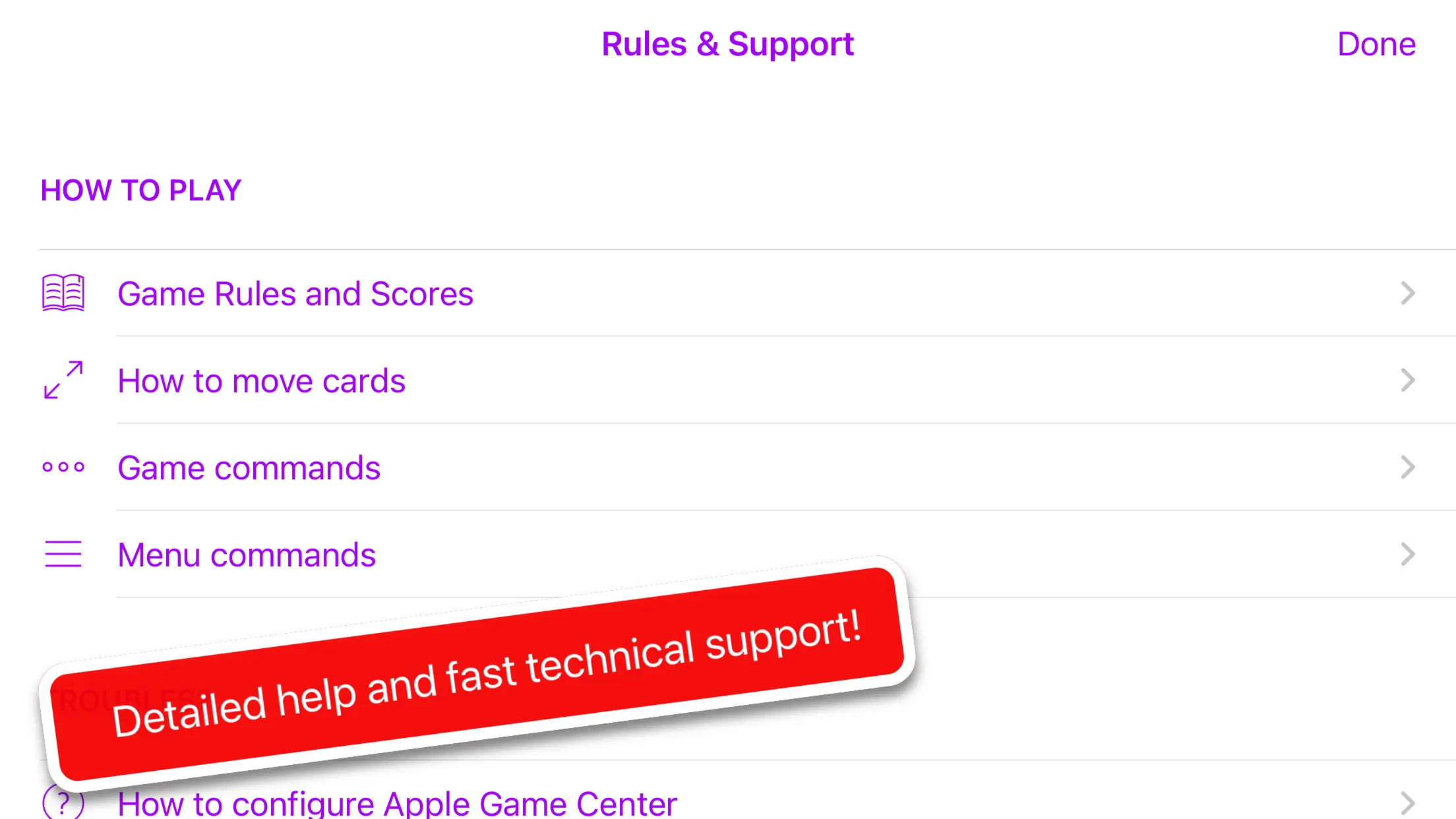 Pinnacola in-app help for rules, scoring, card movement and commands