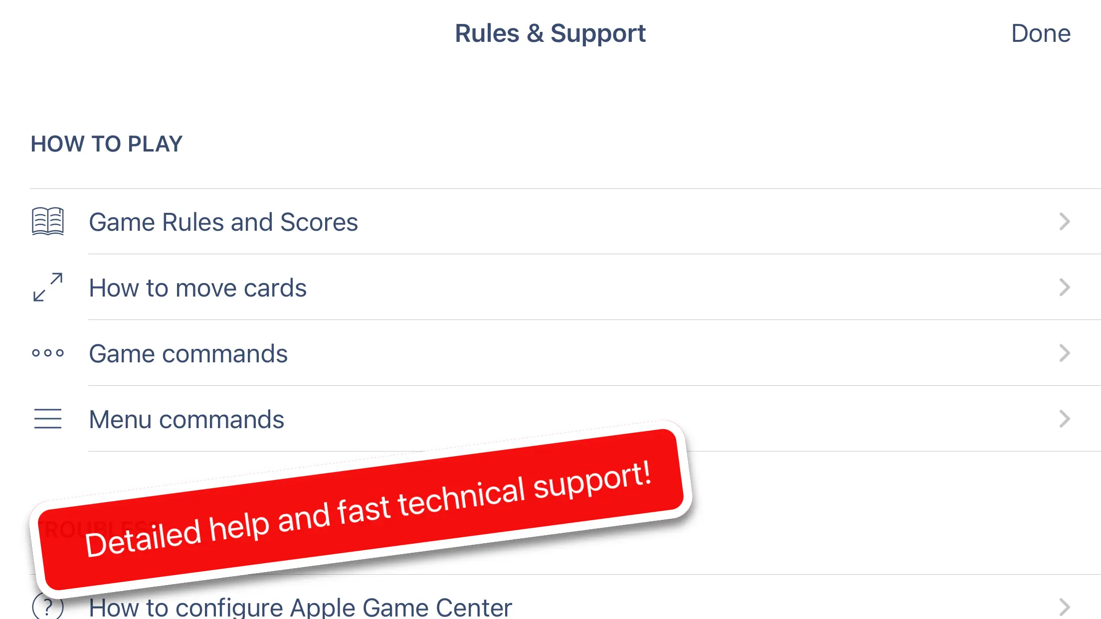 Rummy in-app help for rules, scoring, card movement and commands