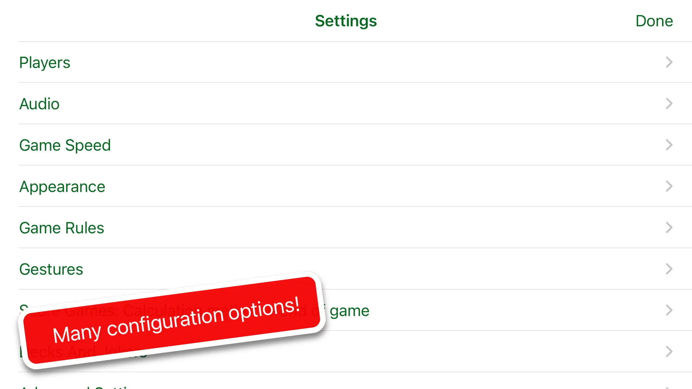 Scala 40 settings for players, audio, speed, appearance and game rules